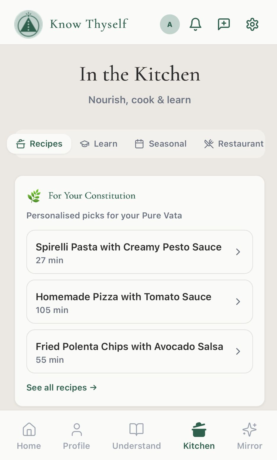 Kitchen tab with recipes filtered to your constitution